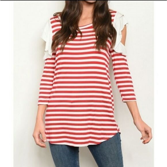 Fantastic Fawn Tops - Red & White stripe coldshoulder 3/4 sleeve top S